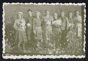 A group of people standing in the field of cotton