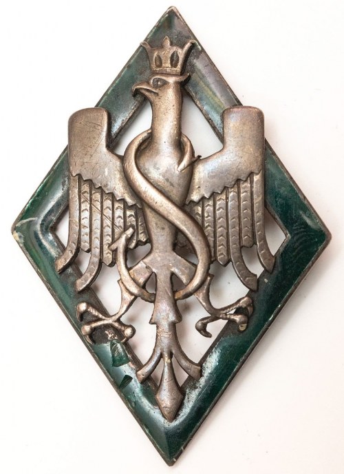 Metalowa odznaka z orłem w koronie na tle zielonego rombu