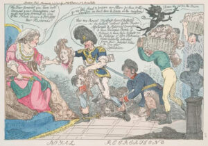 Na rysunku widac trzech mężczyzn niosących ludzkie głowy w celu wręczenia ich siedzacej na tronie kobiecie w sukni