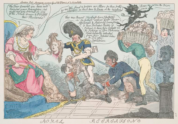 Na rysunku widać trzech mężczyzn niosących ludzkie głowy w celu wręczenia ich siedzacej na tronie kobiecie w sukni