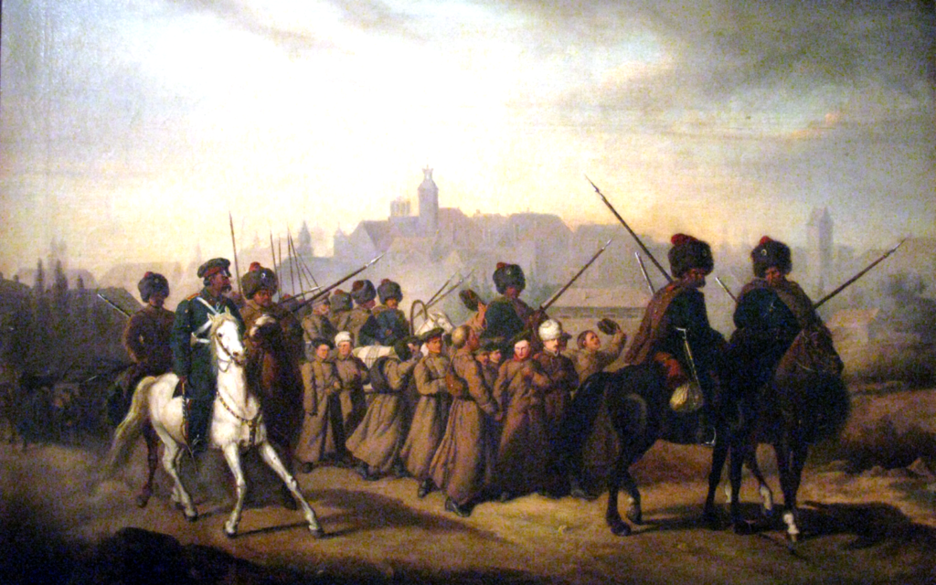 A painting: a group of people escorted by soldiers on horses